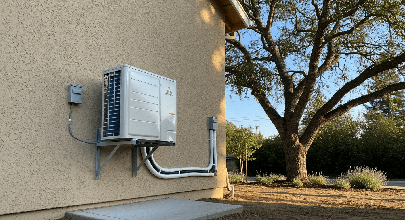 Ductless mini-split condenser cleanly installed on Sacramento ADU exterior stucco wall — Deal Mechanical new construction Sacramento