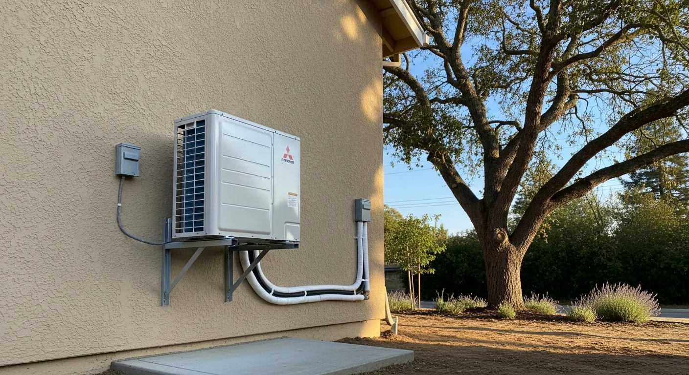 Ductless mini-split condenser installed on Sacramento ADU exterior