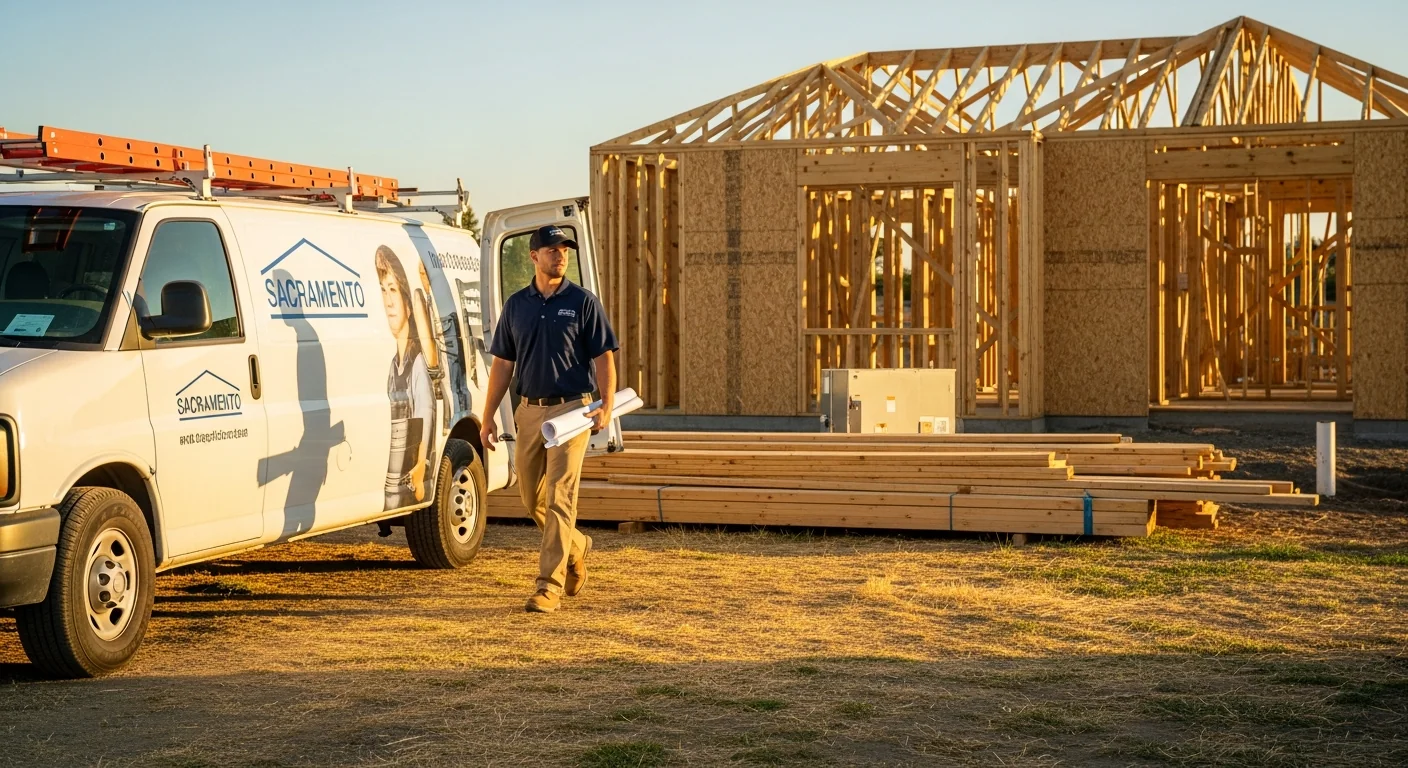 Deal Mechanical certified technician with site plans at Sacramento new construction site