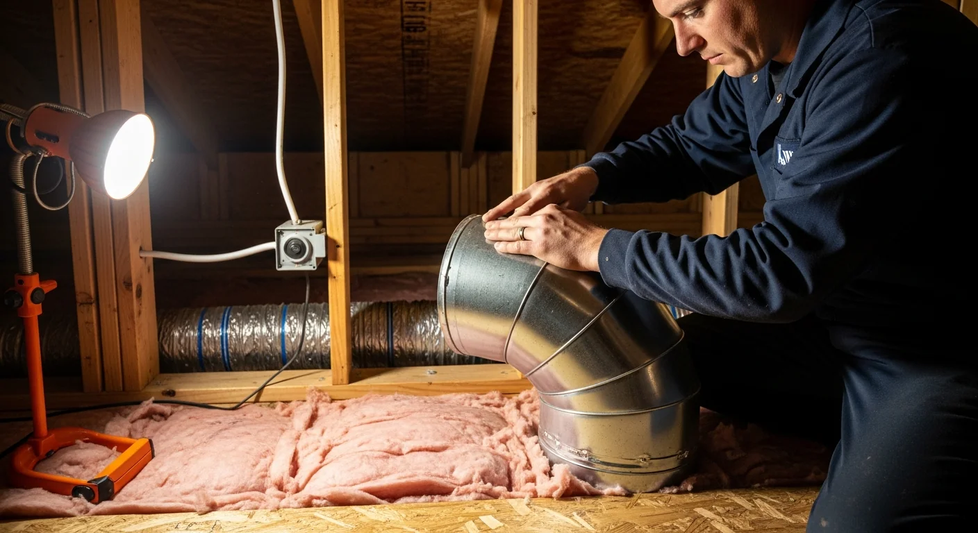 Deal Mechanical technician installing custom sheet metal ductwork in new construction attic