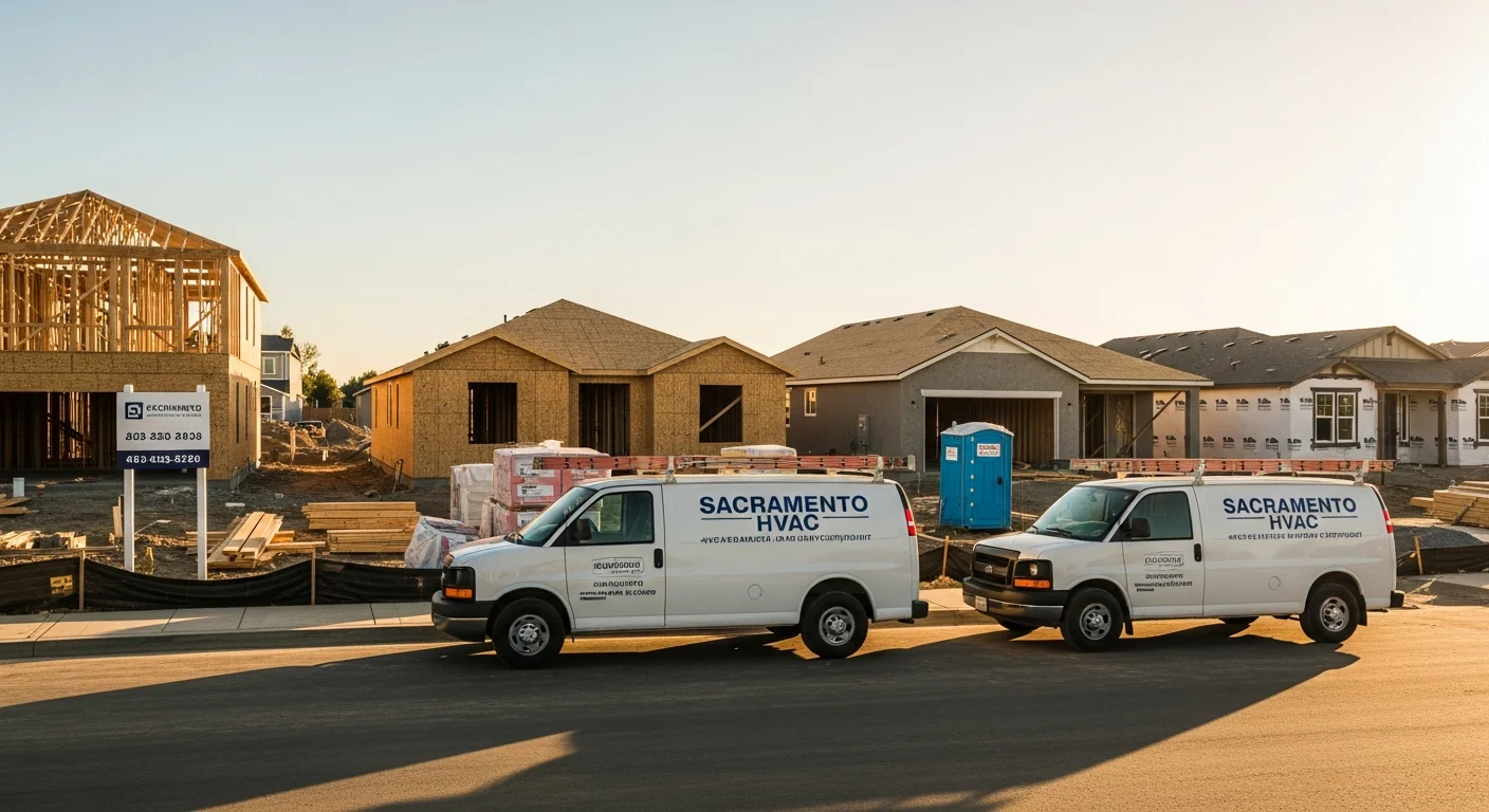 Deal Mechanical work vans at Sacramento new construction subdivision site