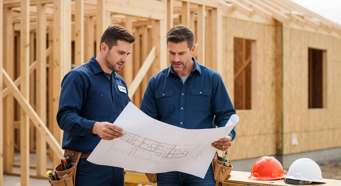 HVAC technician and general contractor reviewing construction plans at Sacramento new construction site