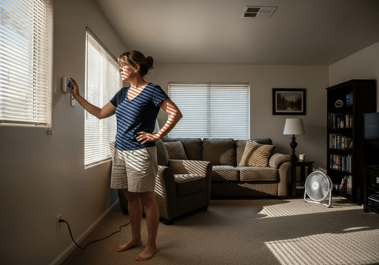 Sacramento homeowner checking thermostat with AC not cooling on a hot summer day