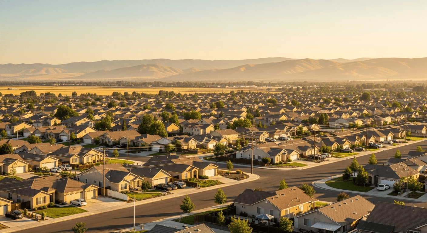 Antelope California suburban landscape with wide streets, 1990s-2000s tract homes on Sacramento valley floor