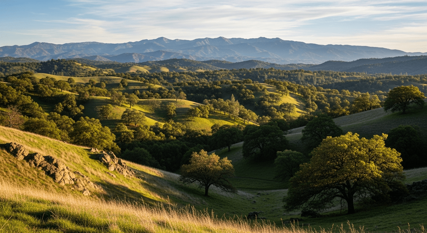 Auburn California Sierra foothill landscape with oak woodland and rolling hills toward mountains