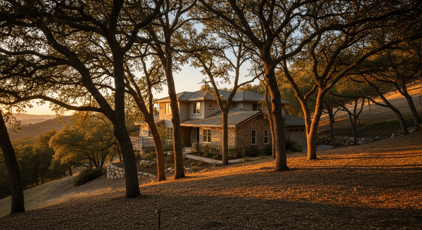 HVAC service in Auburn CA — foothill home with stone exterior and oak woodland backdrop