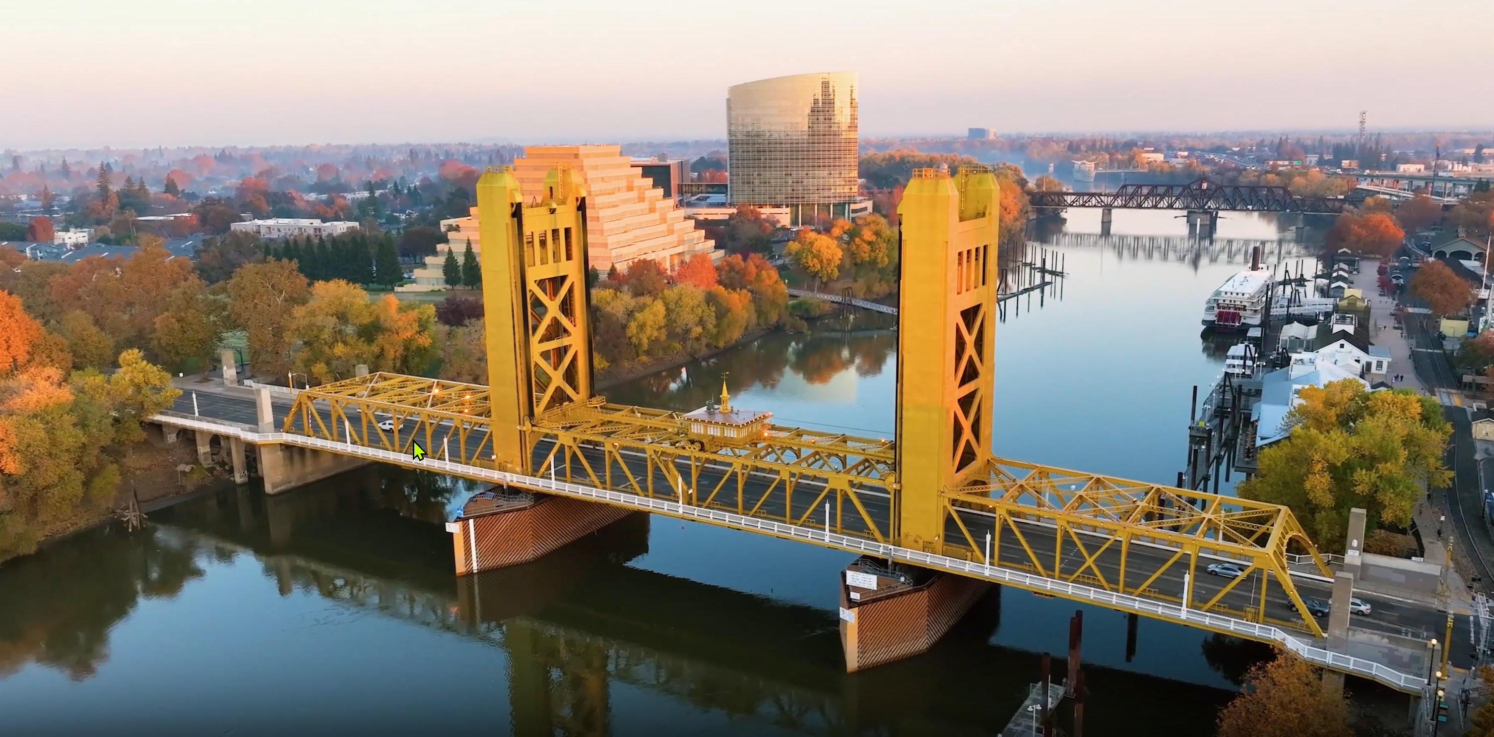 West Sacramento riverfront with Tower Bridge and Sacramento River