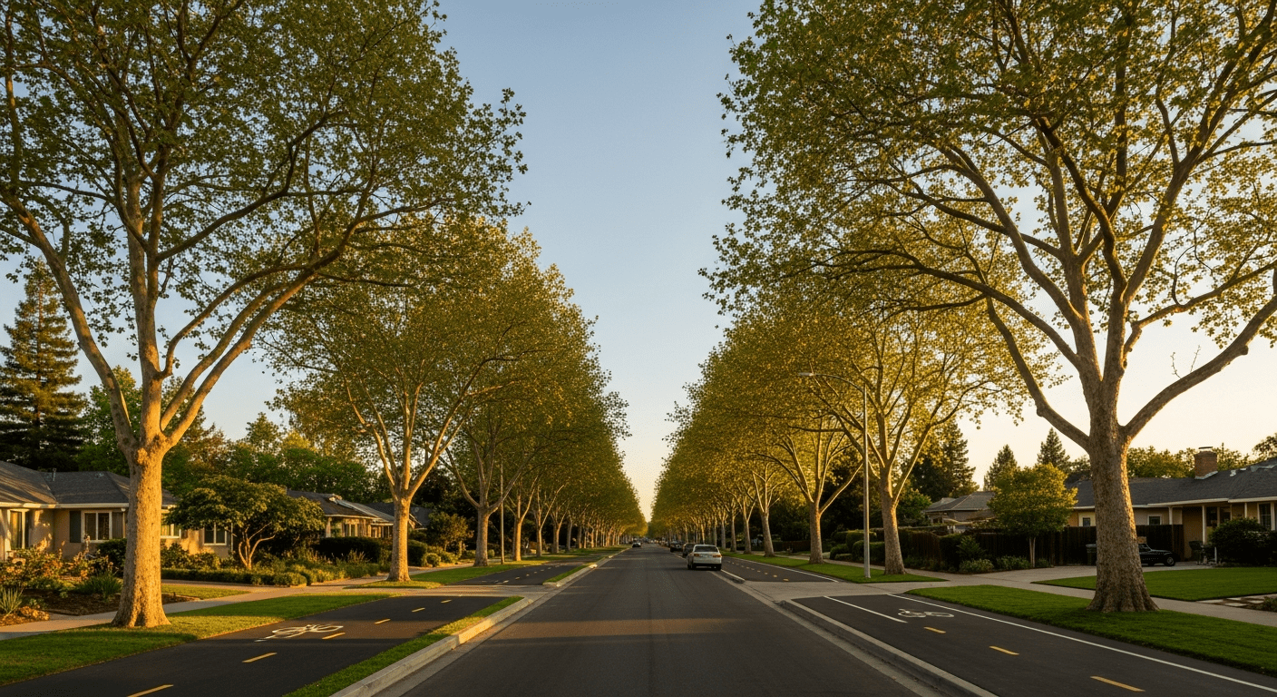 Davis California tree-lined residential streets with bike paths and university town suburban character