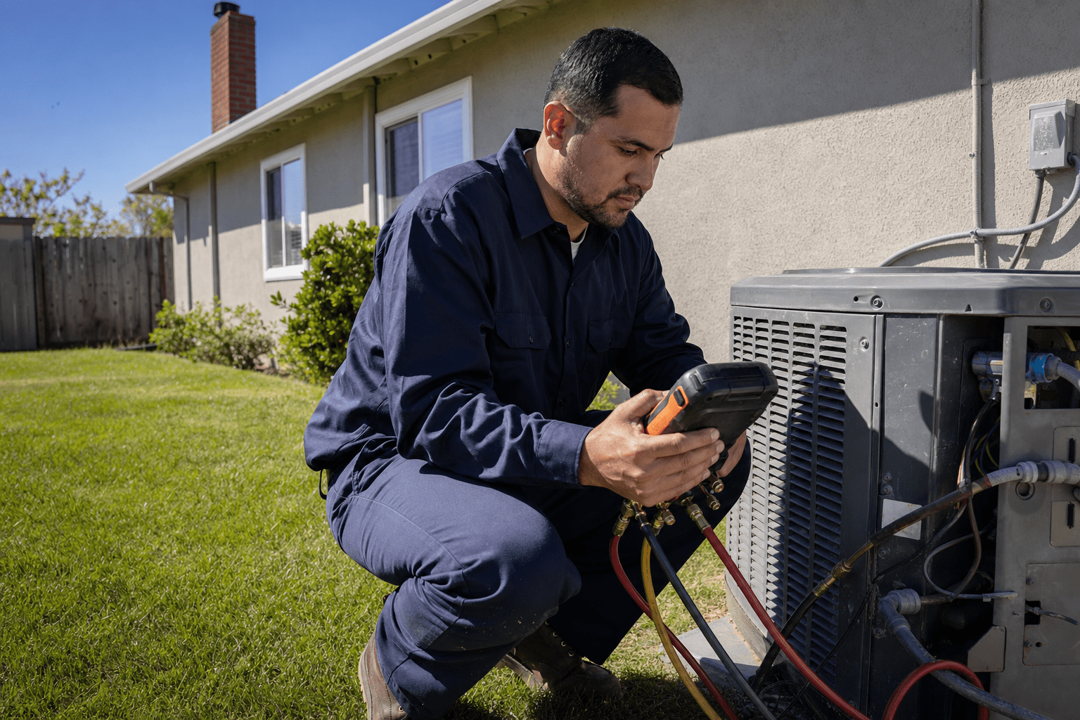 Certified Deal Mechanical technician checking an outdoor AC condenser at a Sacramento home on a hot summer day