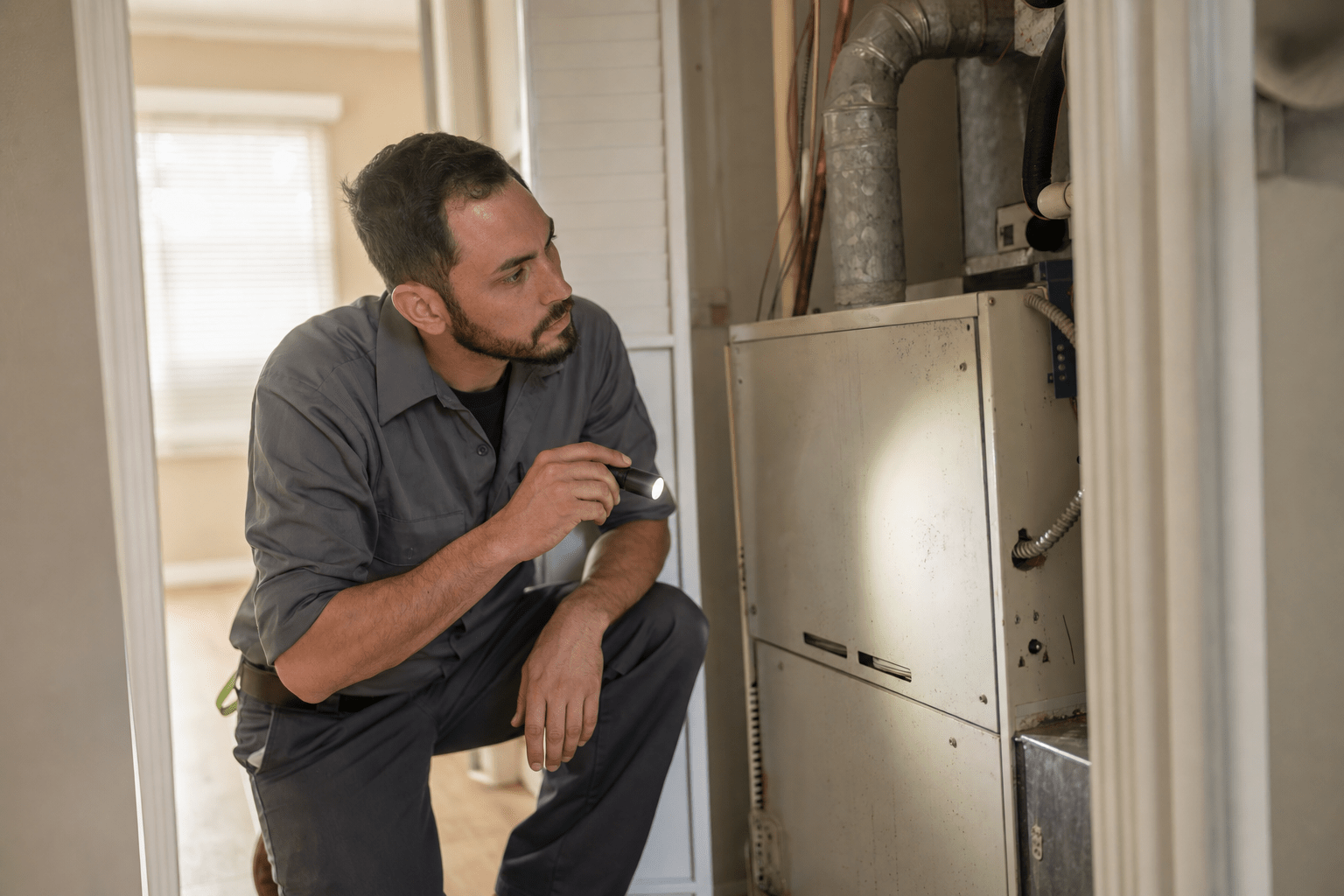 Technician inspecting an older gas furnace in a Sacramento home utility closet with a flashlight