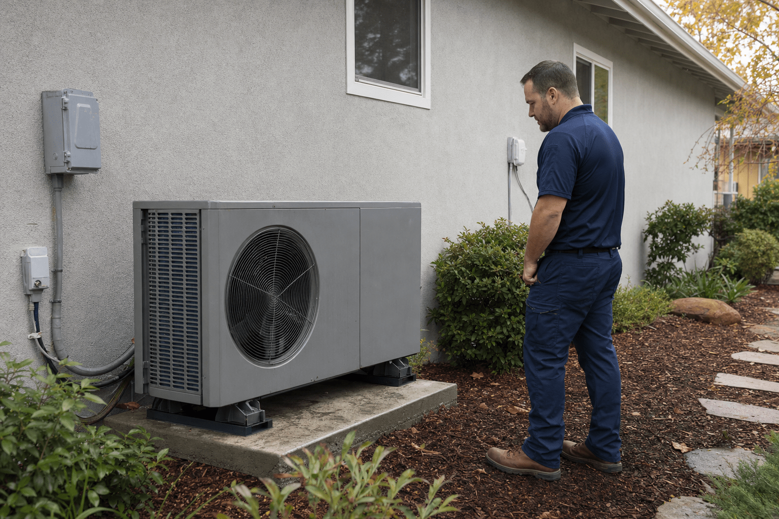 Modern residential heat pump unit installed beside a single-story Sacramento home