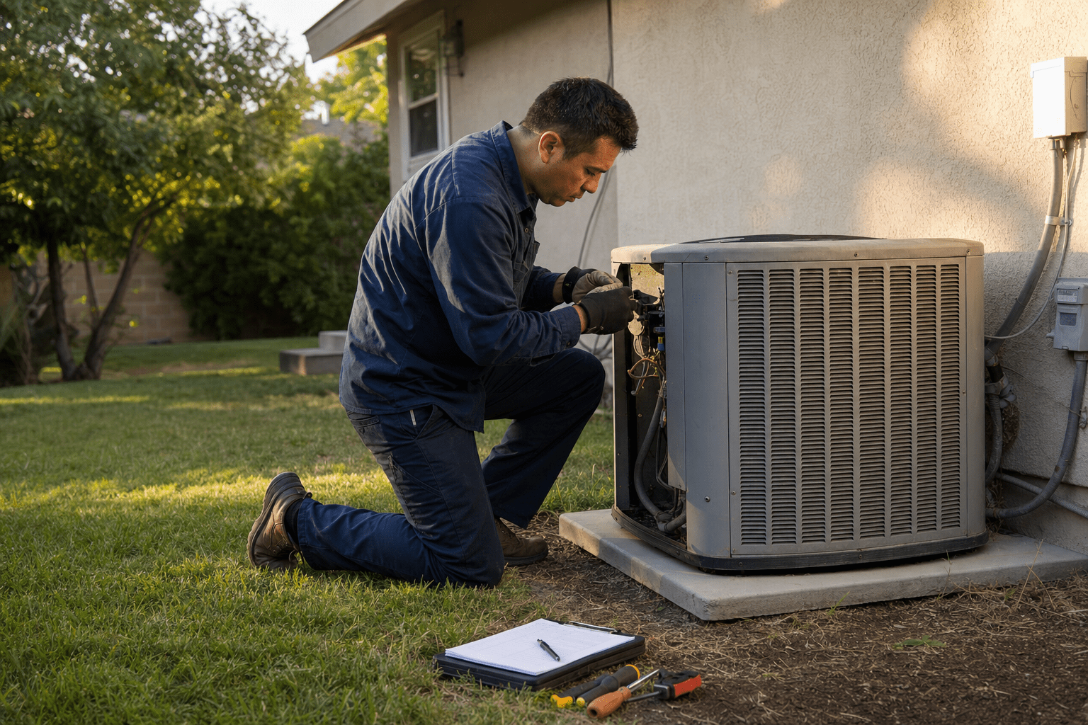 Technician performing routine maintenance on a residential AC condenser beside a Sacramento home at golden hour