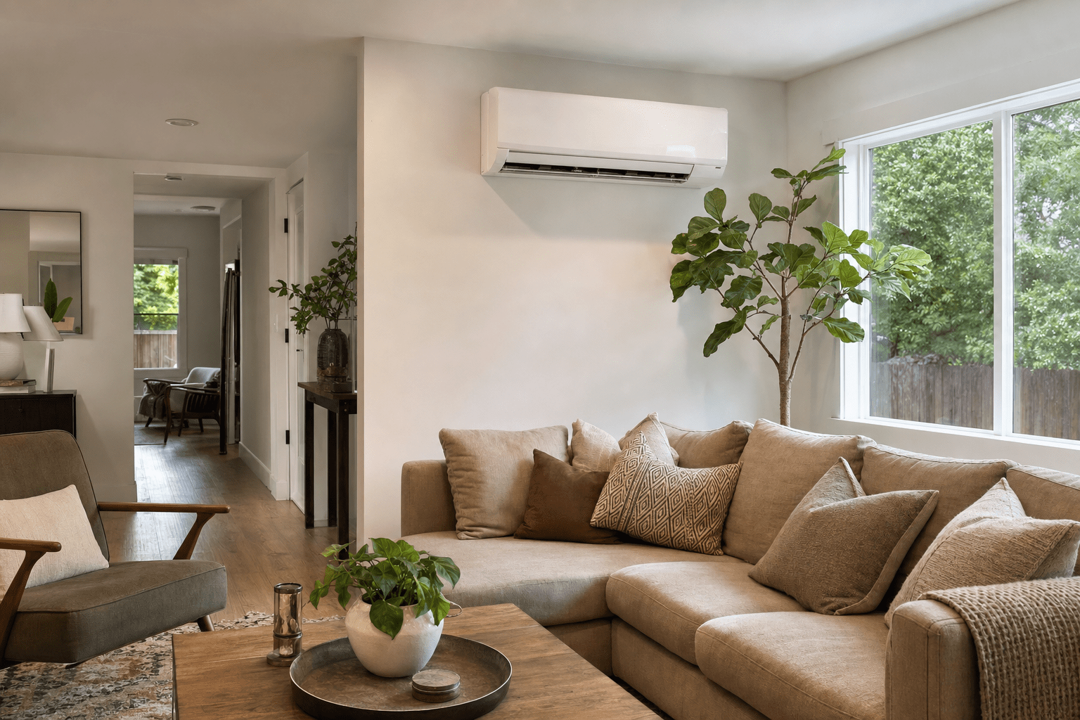 Ductless mini-split air handler mounted on the wall of a bright Sacramento living room