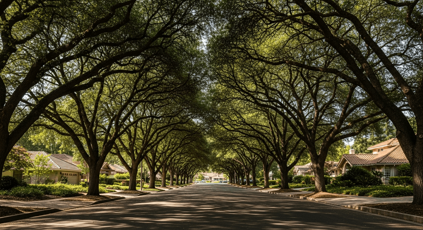 Carmichael California mature tree canopy over established mid-century neighborhood
