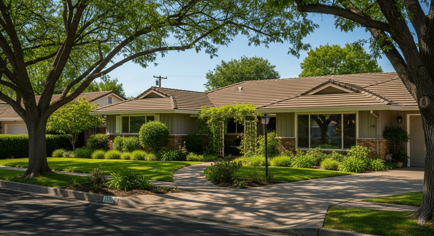 HVAC service in Carmichael CA — 1960s ranch home with mature tree canopy