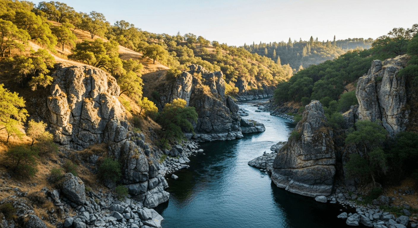 Fair Oaks American River bluff landscape with canyon vista and oak trees