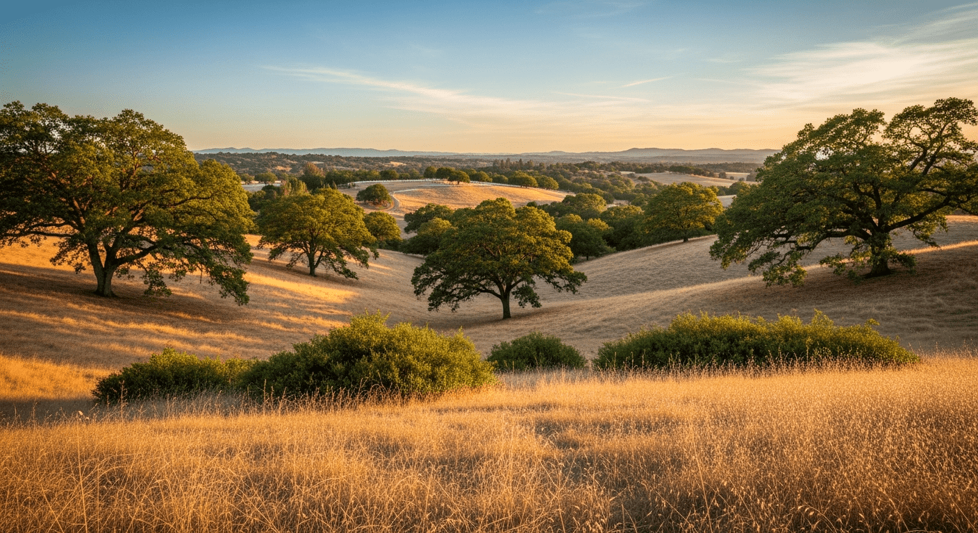 Loomis California oak woodland landscape with equestrian property fencing and rolling foothill terrain