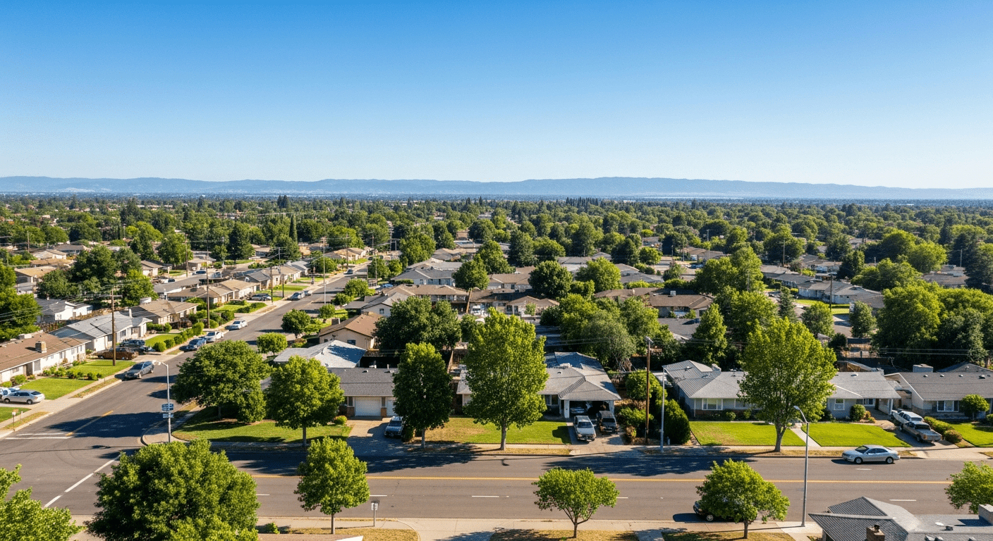 North Highlands California established 1960s suburban neighborhood with mature trees and wide residential streets