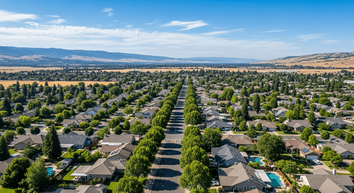 Roseville California suburban neighborhoods with mature oaks and summer sky