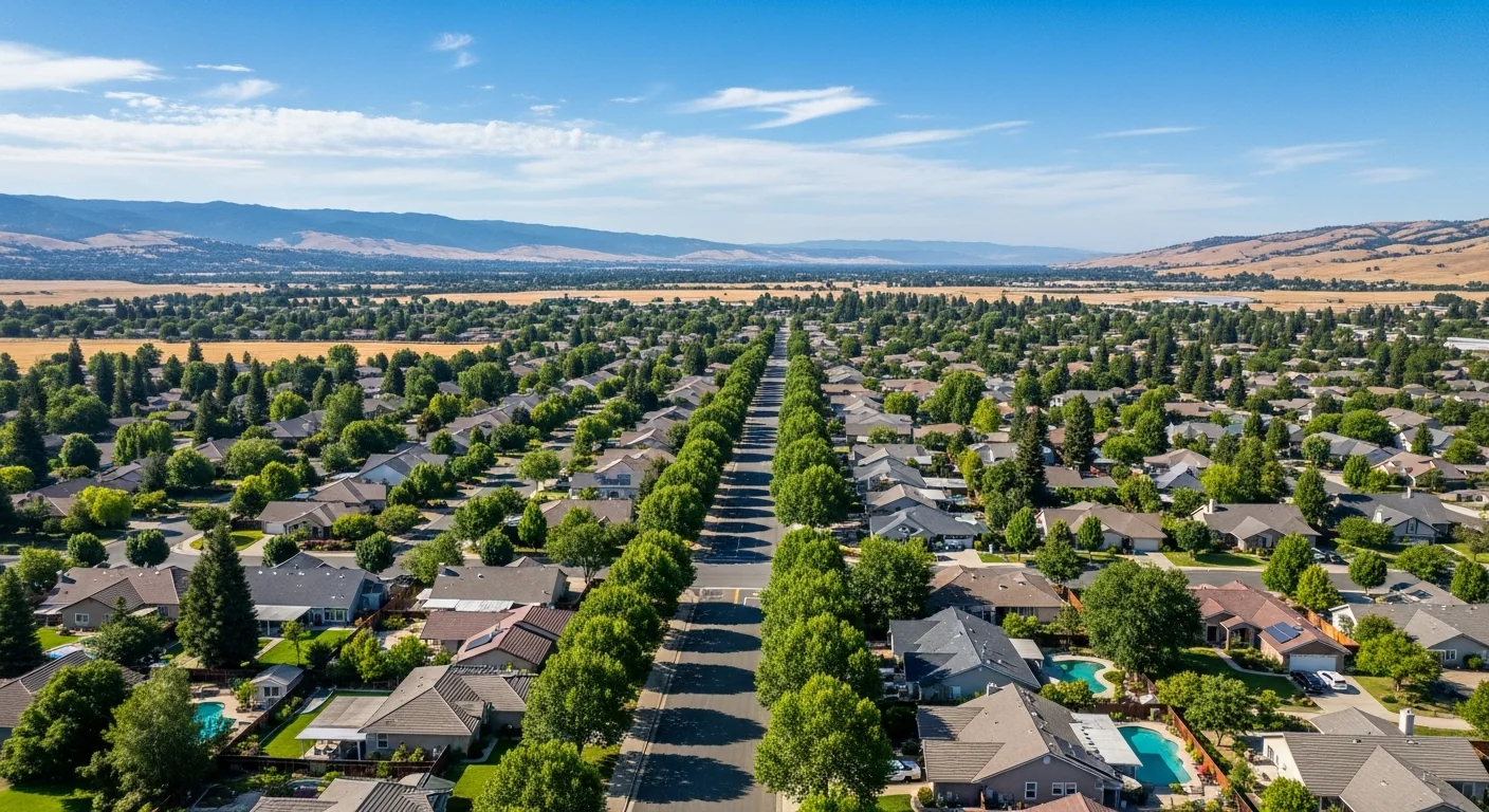 Roseville California suburban neighborhoods with mature oaks and summer sky
