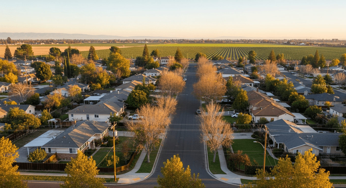 Woodland California neighborhood with mix of architectural eras on valley floor with agricultural fields in distance