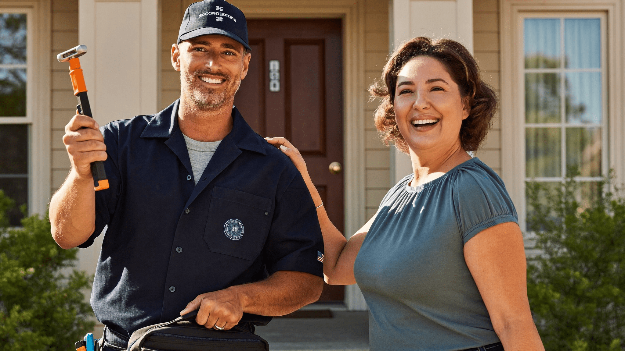 Deal Mechanical HVAC technician explaining completed service to Sacramento homeowner at front door