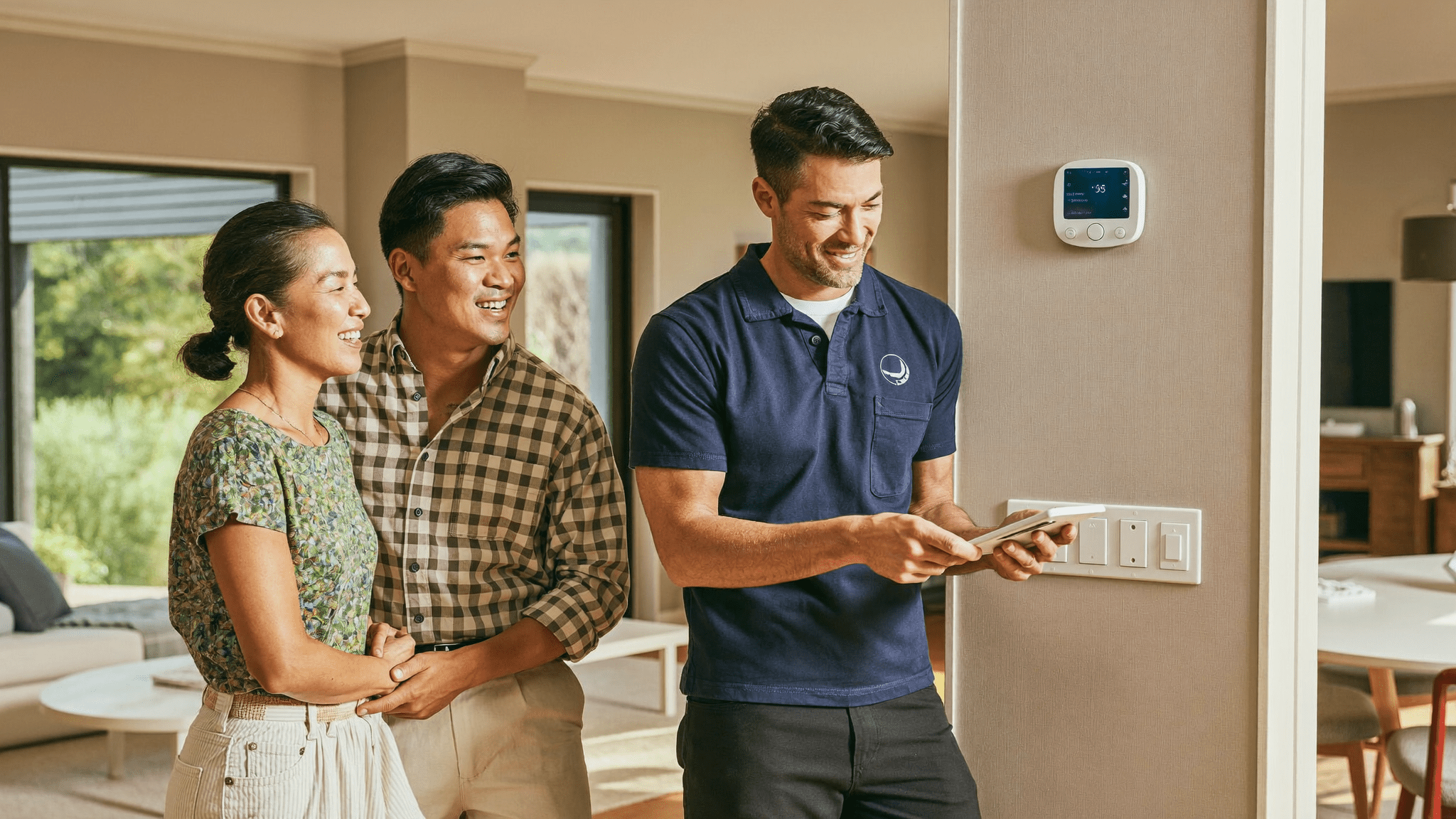 HVAC technician and homeowner reviewing new Carrier air handler installation in Sacramento
